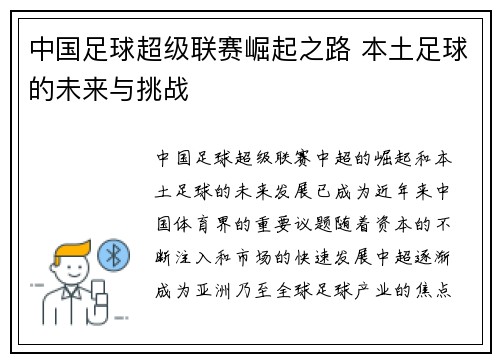 中国足球超级联赛崛起之路 本土足球的未来与挑战