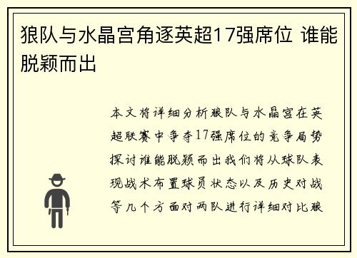 狼队与水晶宫角逐英超17强席位 谁能脱颖而出